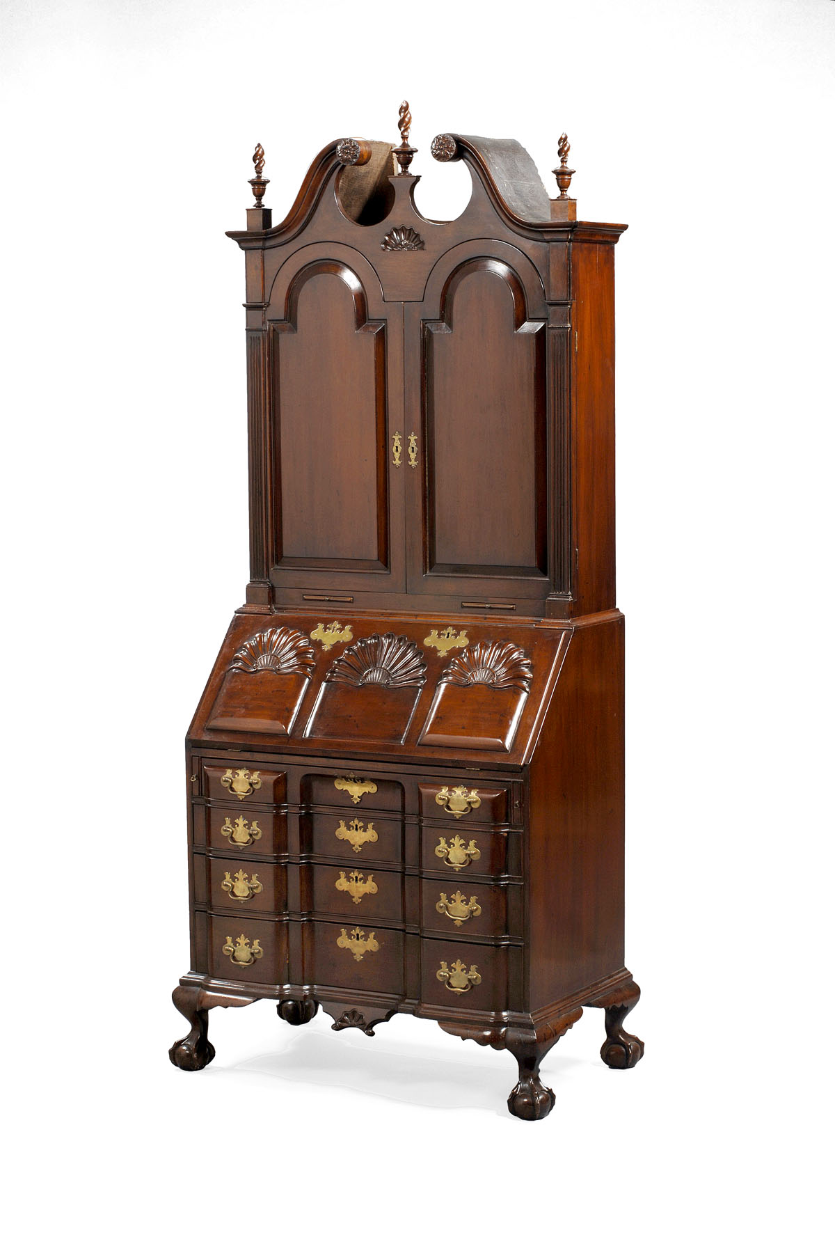 Appraisal: CHIPPENDALE STYLE CARVED MAHOGANY BLOCK FRONT SECRETARY The molded arch