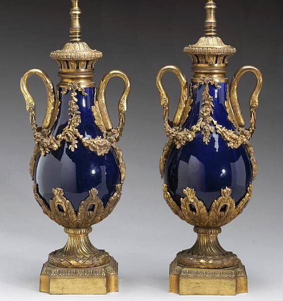 Appraisal: A pair of Louis XVI style gilt bronze mounted cobalt