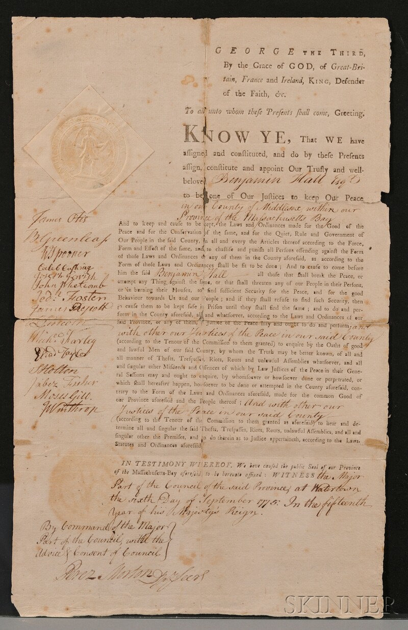 Appraisal: Colonial America Massachusetts Massachusetts-Bay Council Signed document one page September