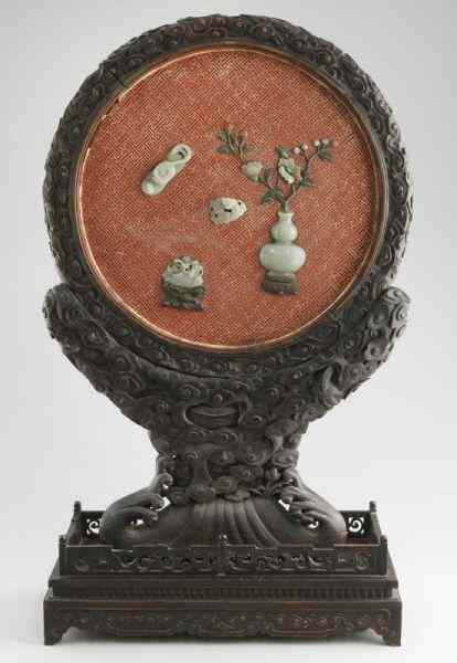 Appraisal: Chinese jade mounted table screenset in a finely carved two