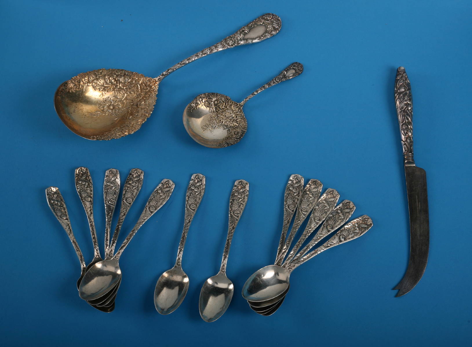 Appraisal: AMERICAN SILVER-GILT quot CHRYSANTHEMUM quot PATTERN ICE CREAM SPOON AND