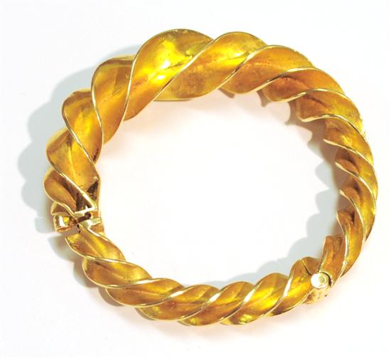 Appraisal: JEWELRY K yellow gold hinged fancy bangle bracelet twisted design