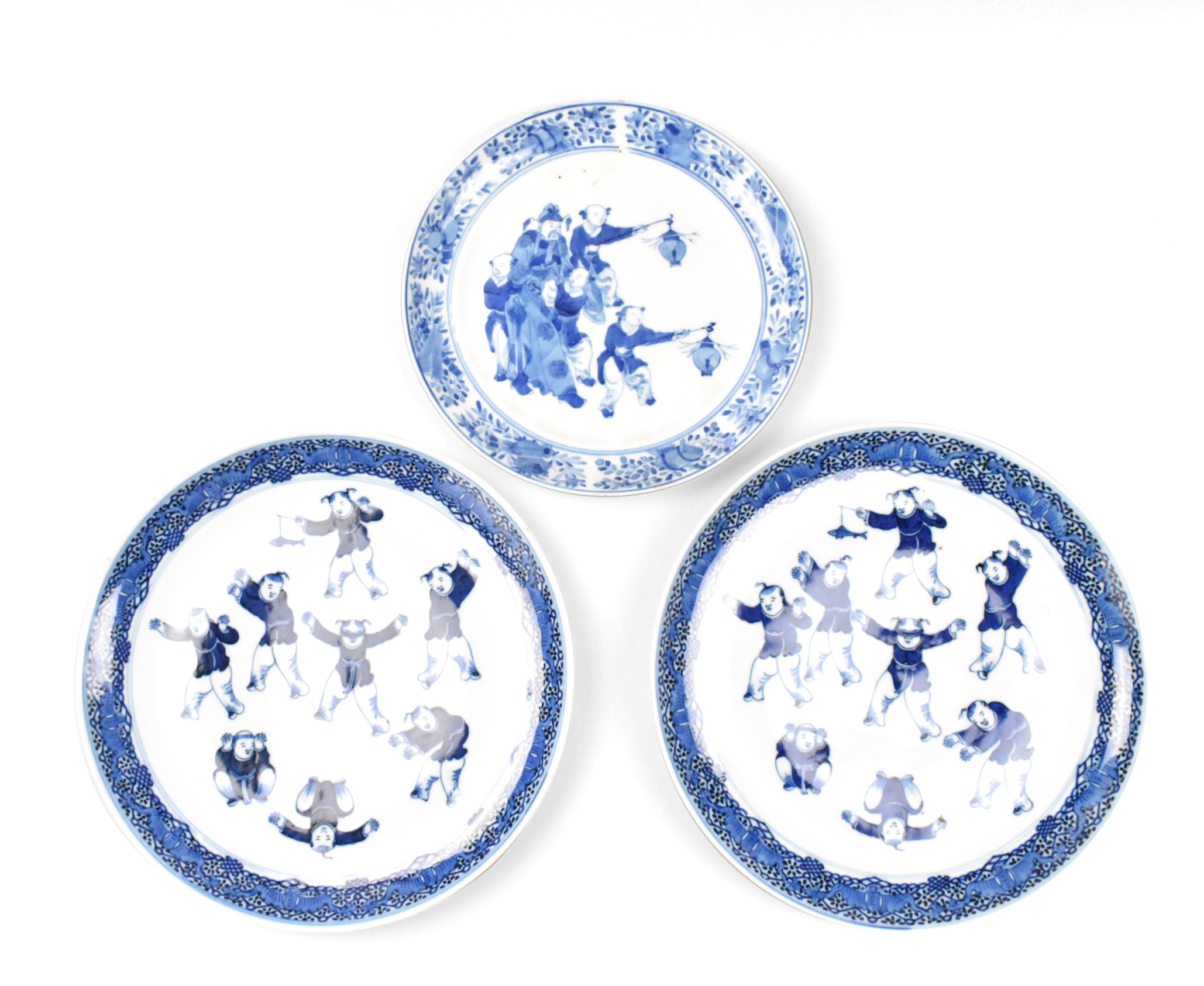 Appraisal: Three Chinese blue and white plates with figures dating from