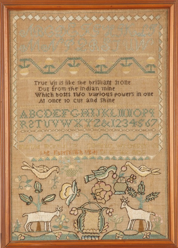 Appraisal: Sampler features alphabet and numbers poem and animal scene at