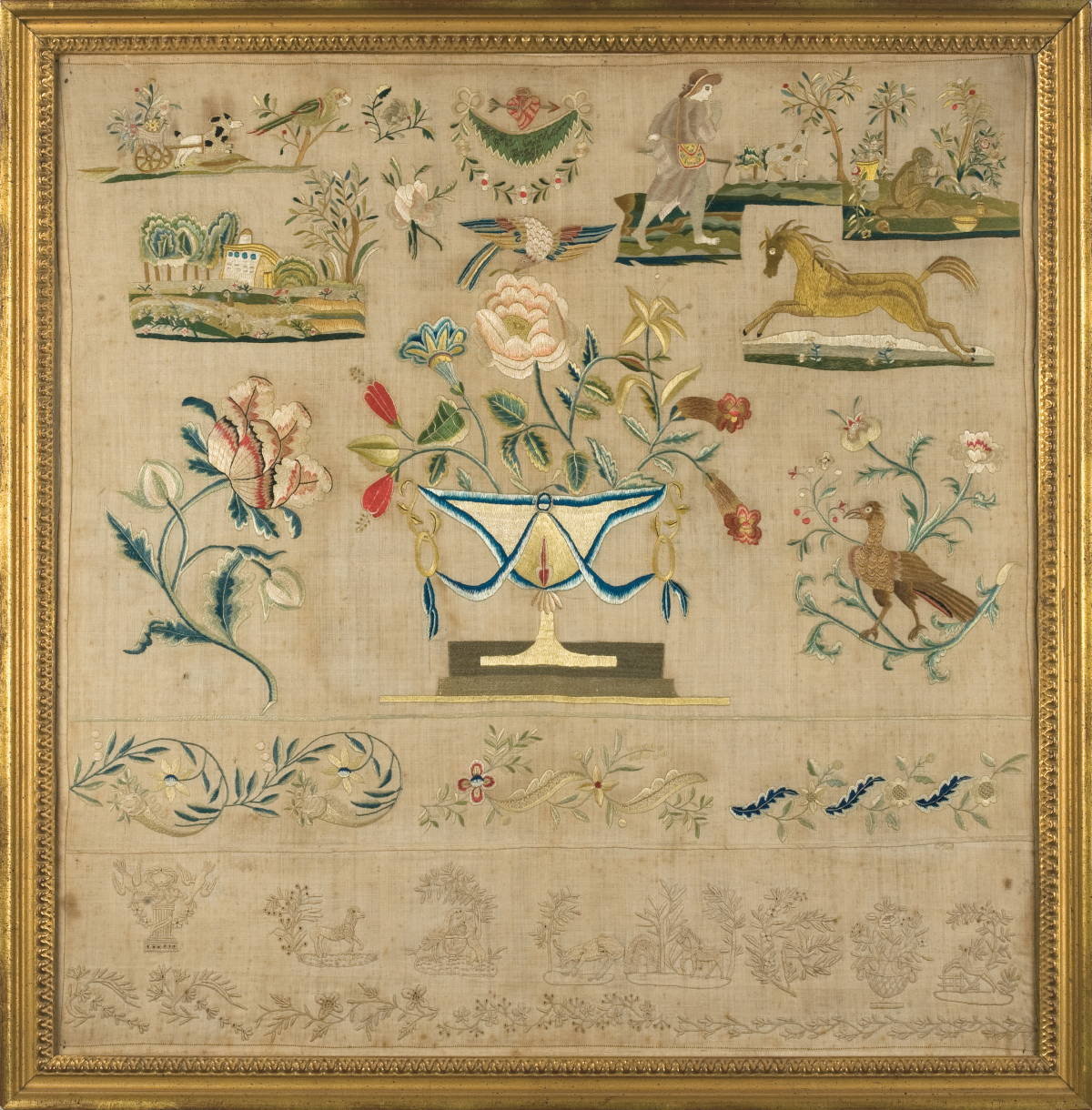 Appraisal: MEXICAN EMBROIDERED SAMPLER WITH PICTORIAL MOTIFS INCLUDING FLORAL URN With