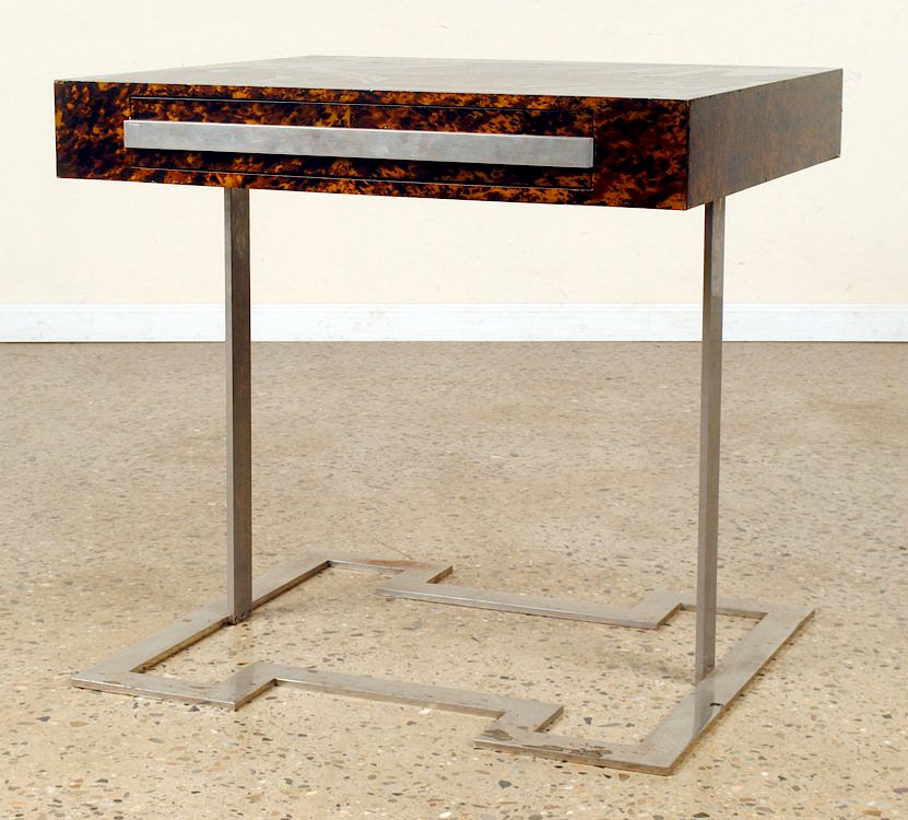 Appraisal: FAUX TORTOISE CONSOLE TABLE ON CHROME BASE A faux tortoise