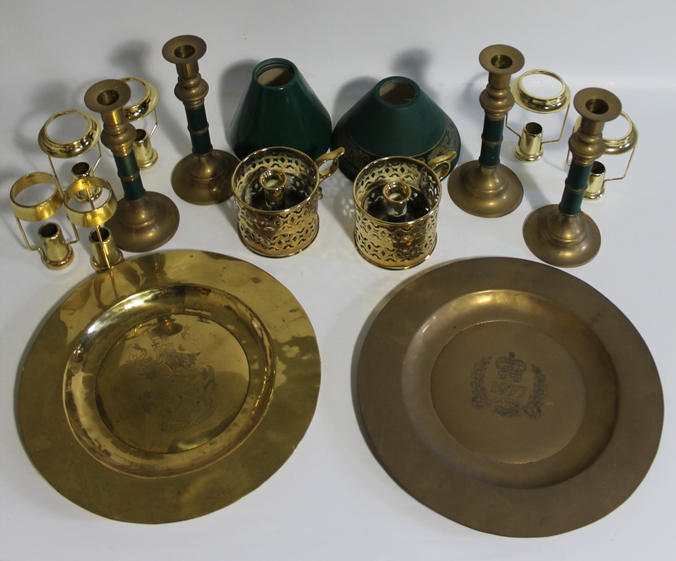 Appraisal: Brassware including a pair of armorial plates and two latticework