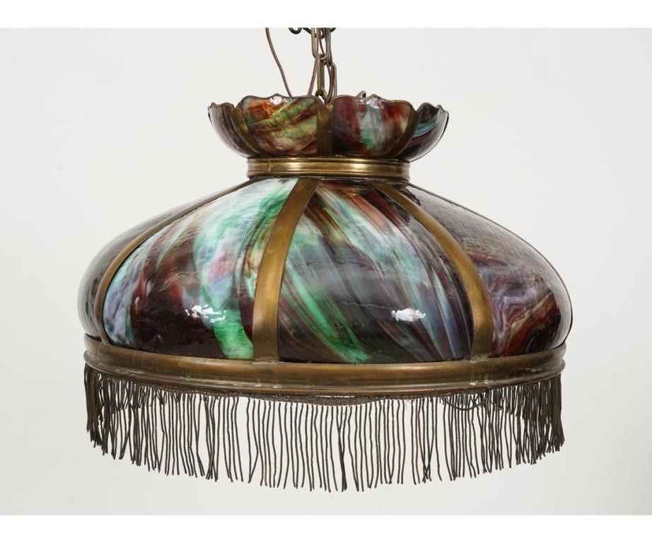 Appraisal: Colorful glass and brass slag hanging shade lamp with removable