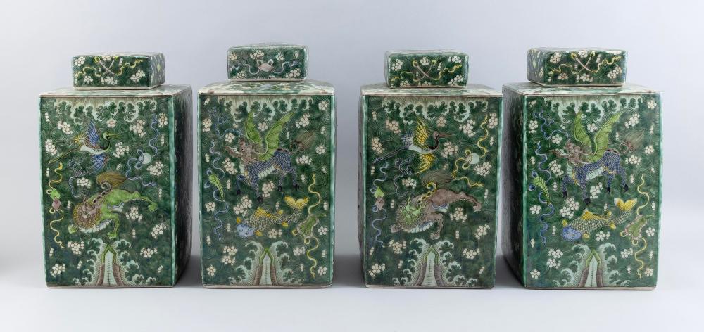 Appraisal: TWO PAIRS OF CHINESE FAMILLE VERTE PORCELAIN COVERED JARS EARLY