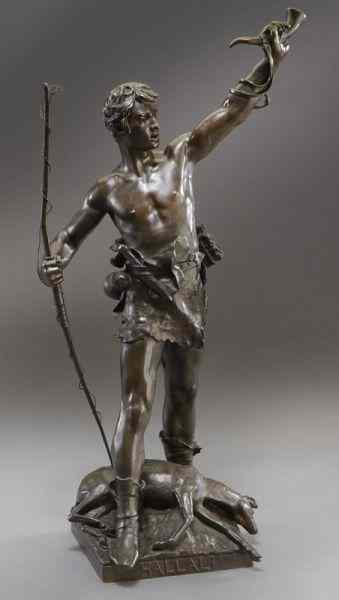 Appraisal: Eugene Marioton ''Hallali'' bronze sculpturedepicting a hunter draped in animal