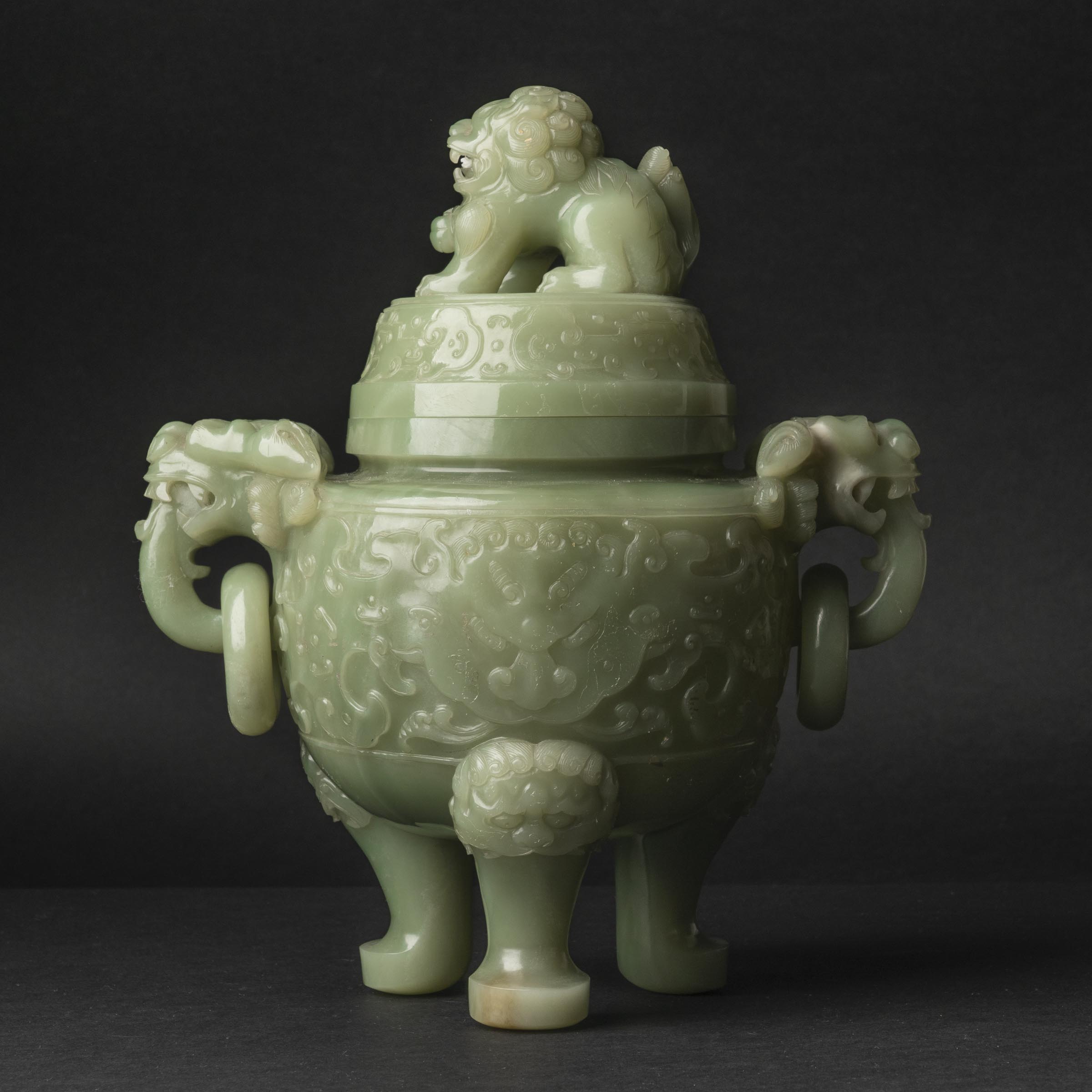 Appraisal: A Large Celadon Jade Tripod Censer and Cover th Century