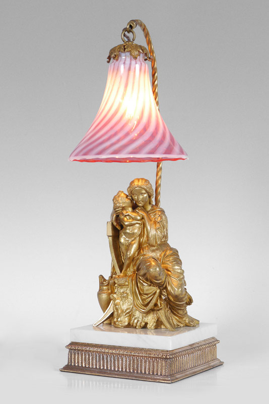 Appraisal: FIGURAL GILT BRONZE LAMP WITH CRANBERRY SHADE Marble and gilt