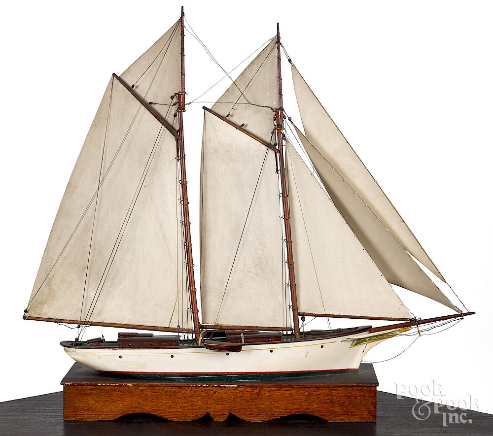 Appraisal: Painted schooner sailboat model Painted schooner sailboat model ca with