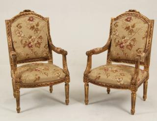 Appraisal: QUALITY PAIR OF FRENCH LOUIS XVI STYLE CARVED GILTWOOD FAUTEUILS