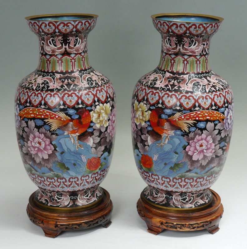 Appraisal: PAIR LARGE CLOISONNE VASES Rings of foliate and stylized dragons