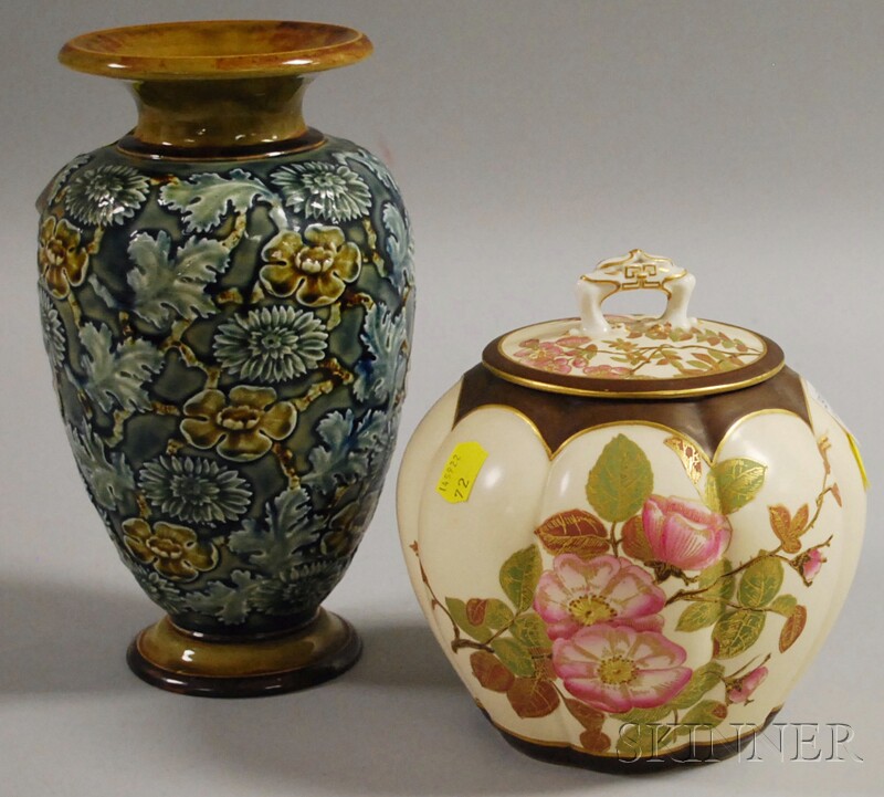 Appraisal: Royal Worcester Gilt and Hand-painted Floral-decorated Porcelain Biscuit Barrel and