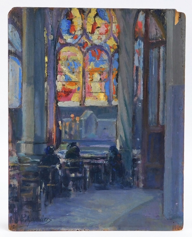 Appraisal: C FRENCH IMPRESSIONIST CATHEDRAL PAINTING France th CenturyInterior depiction of