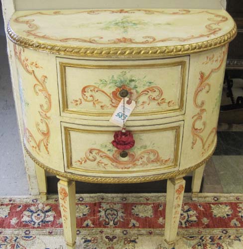 Appraisal: PAINT DECORATED PETITE COMMODE Continental th century of demilune form