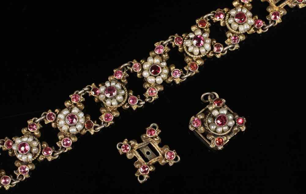 Appraisal: BRACELET - Gold link bracelet with pearls and pink stones