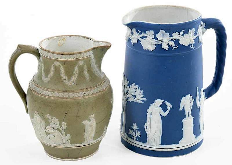 Appraisal: Two Jasperware Wedgwood Pitchers British blue pitcher - in green