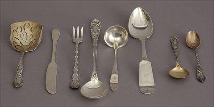 Appraisal: MISC GROUP OF SILVER FLATWARE Comprising Gorham monogrammed oyster forks