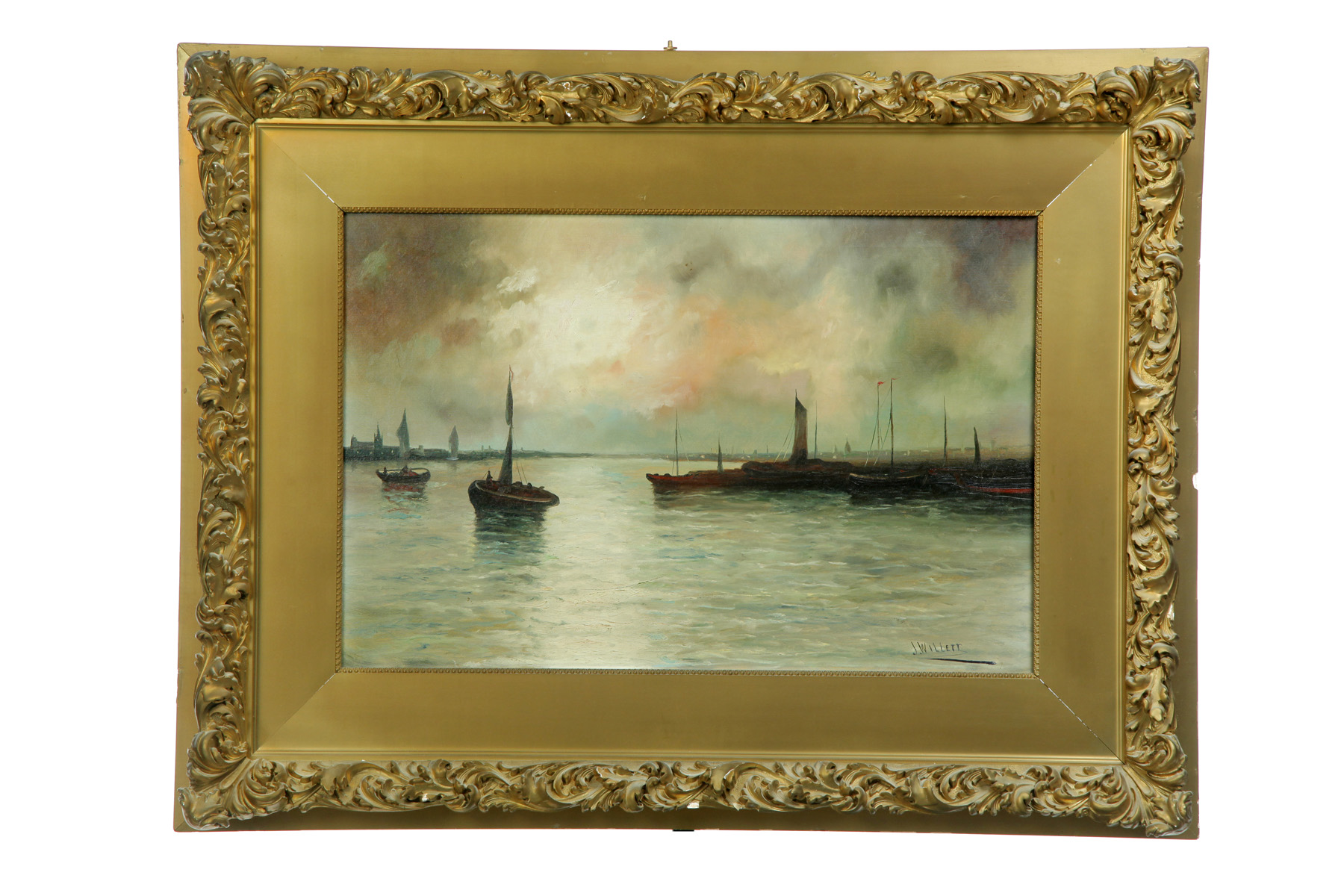 Appraisal: FRAMED OIL ON CANVAS HARBOR SCENE SIGNED J WILLET American