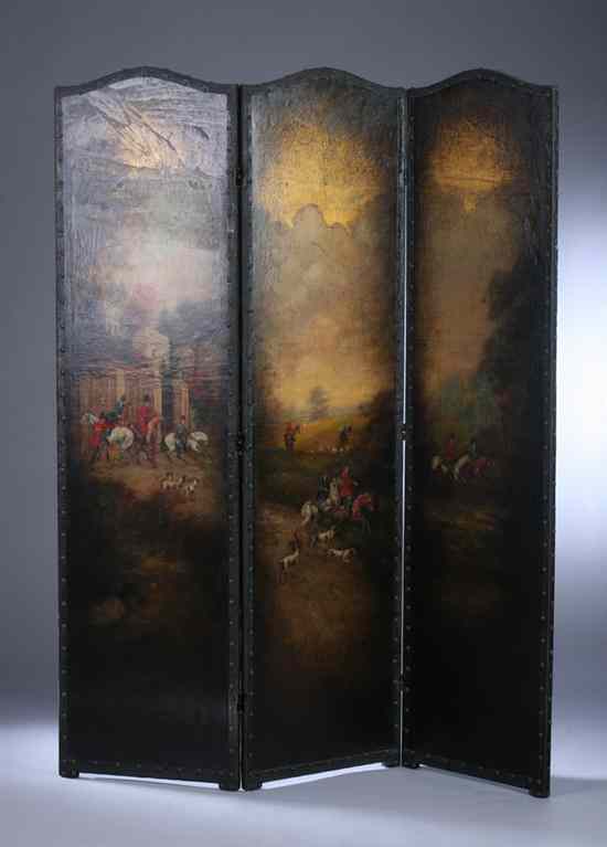 Appraisal: ENGLISH REGENCY PAINTED-LEATHER THREE-FOLD FLOOR SCREEN th century Depicting fox