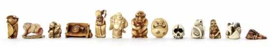 Appraisal: Carved ivory and bone netsuke and figural sculptures Miniature Budai