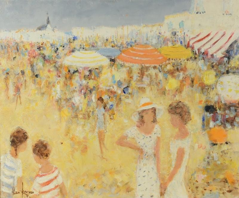 Appraisal: Alain Rousseau o c Crowded Beach Scene Alain Rousseau American