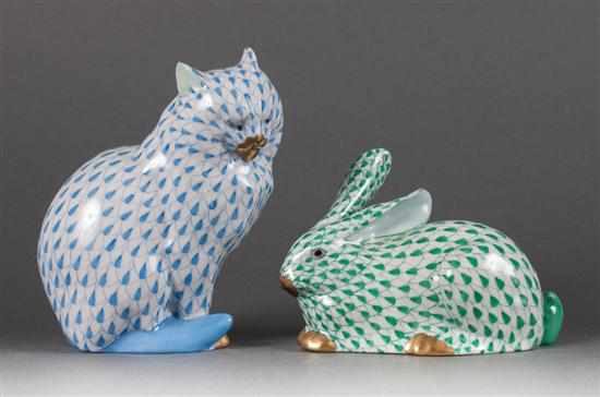 Appraisal: Herend porcelain cat in the ''Blue Fishnet'' pattern and rabbit