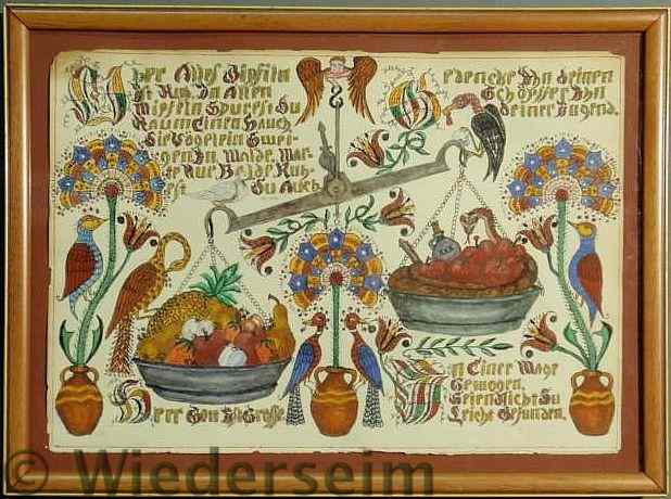 Appraisal: Framed colorful fraktur with verse birds and potted flowers signed