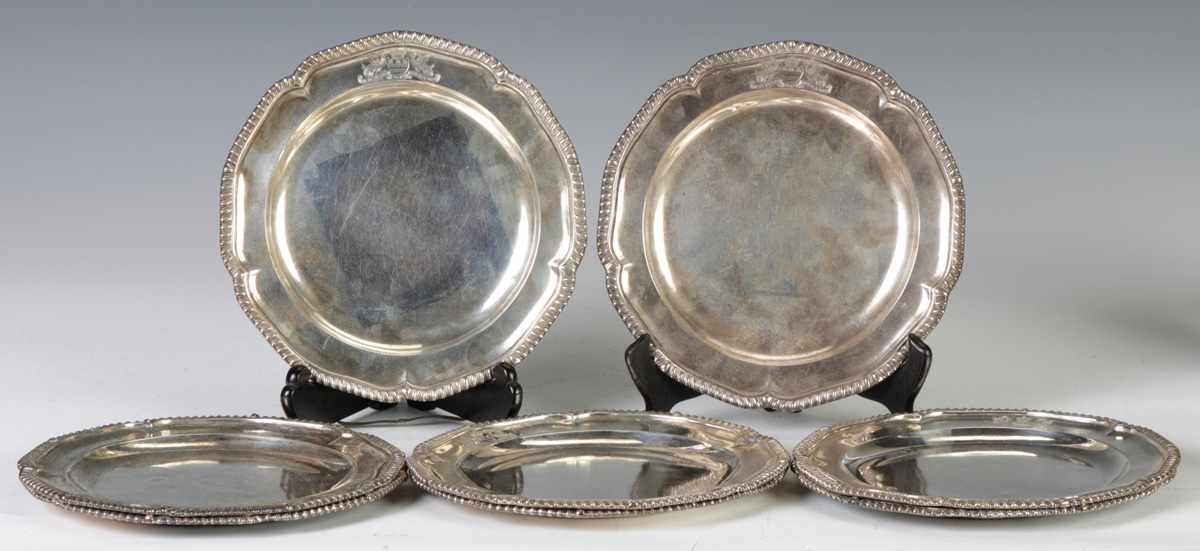 Appraisal: Set of George III Silver Plates Gadroon borders coat of