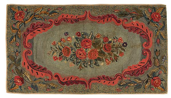 Appraisal: FLORAL HOOKED RUG American ca wool hooked rug floral pattern