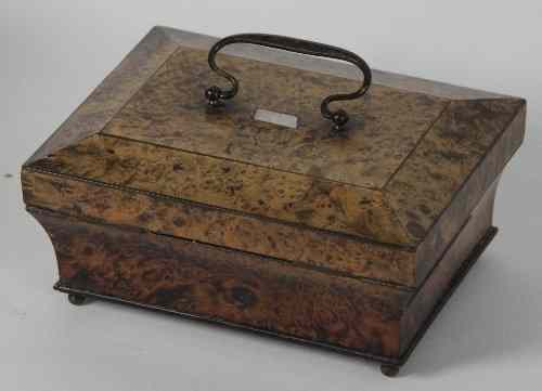 Appraisal: A Victorian burr ash workbox with hinged cover and handle