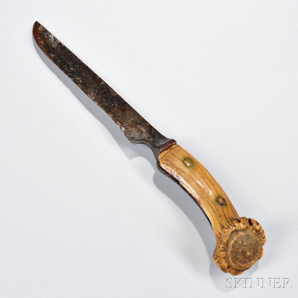 Appraisal: Stag-handled Knife c mid- th century crude iron blade with