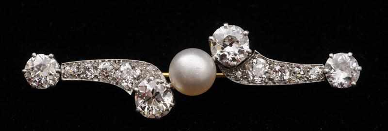 Appraisal: PLATINUM DIAMOND AND PEARL BAR PIN in The Estate of