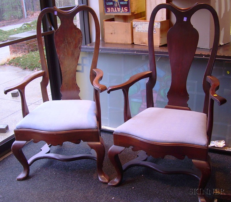 Appraisal: Pair of Queen Anne Style Carved Mahogany Armchairs with Upholstered