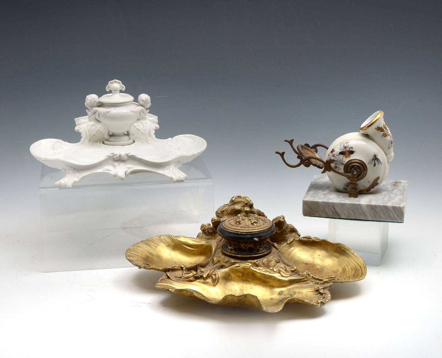 Appraisal: PC INKWELL COLLECTION Comprising Gilt Bronze -shell form inkwell with