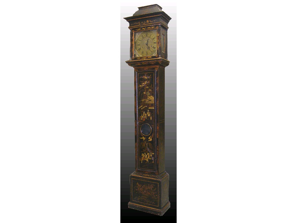 Appraisal: Good black lacquer and chinoiserie decorated three train longcase clock