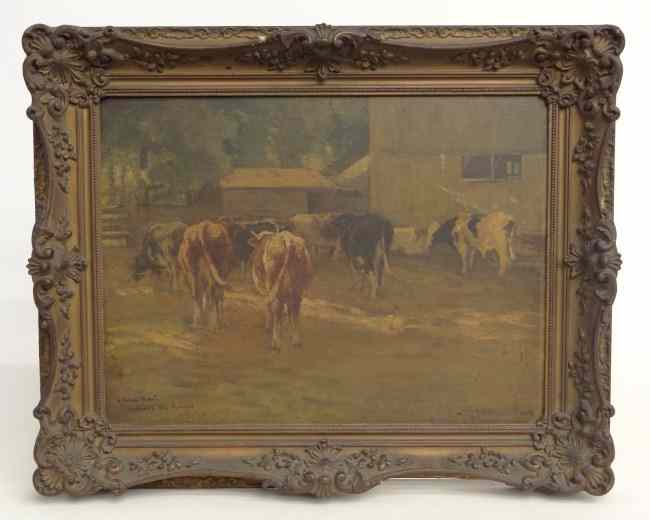 Appraisal: th c oil on panel cows signed ''William H Howe''