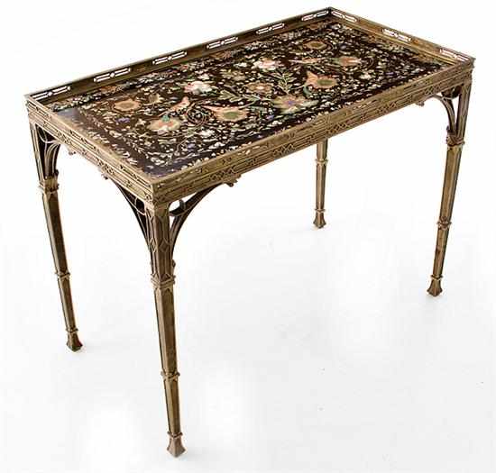 Appraisal: Continental bronze and porcelain table rectangular decorated porcelain top with