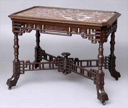 Appraisal: JAPONESQUE FAUX ROSEWOOD MARBLE TOP CENTER TABLE The rectangular top