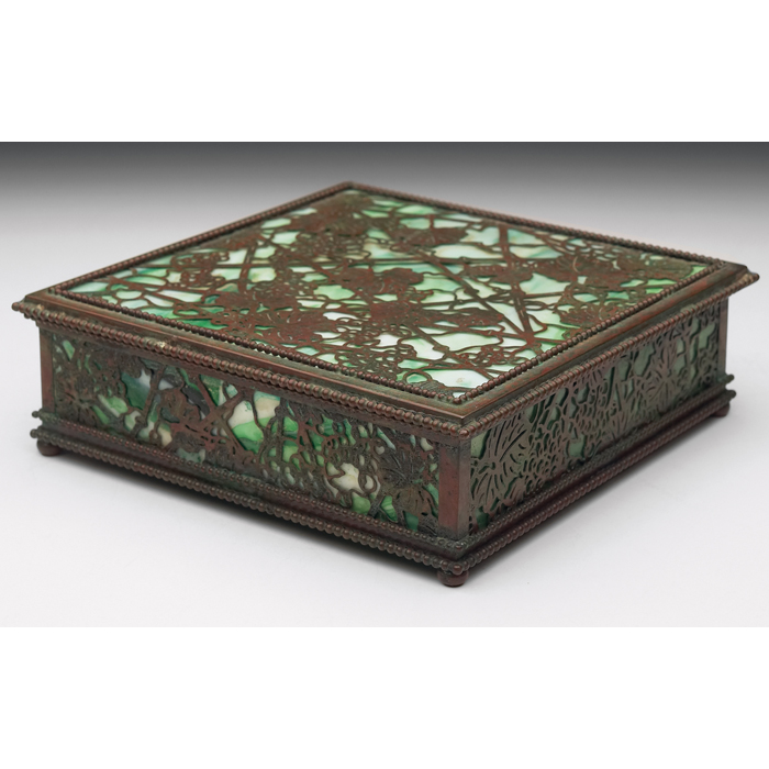 Appraisal: Tiffany Studios box bronze in thegrapevine pattern green and white