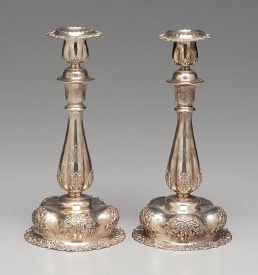 Appraisal: Pair Tiffany sterling candlesticks round bulbous bases floral decoration marks