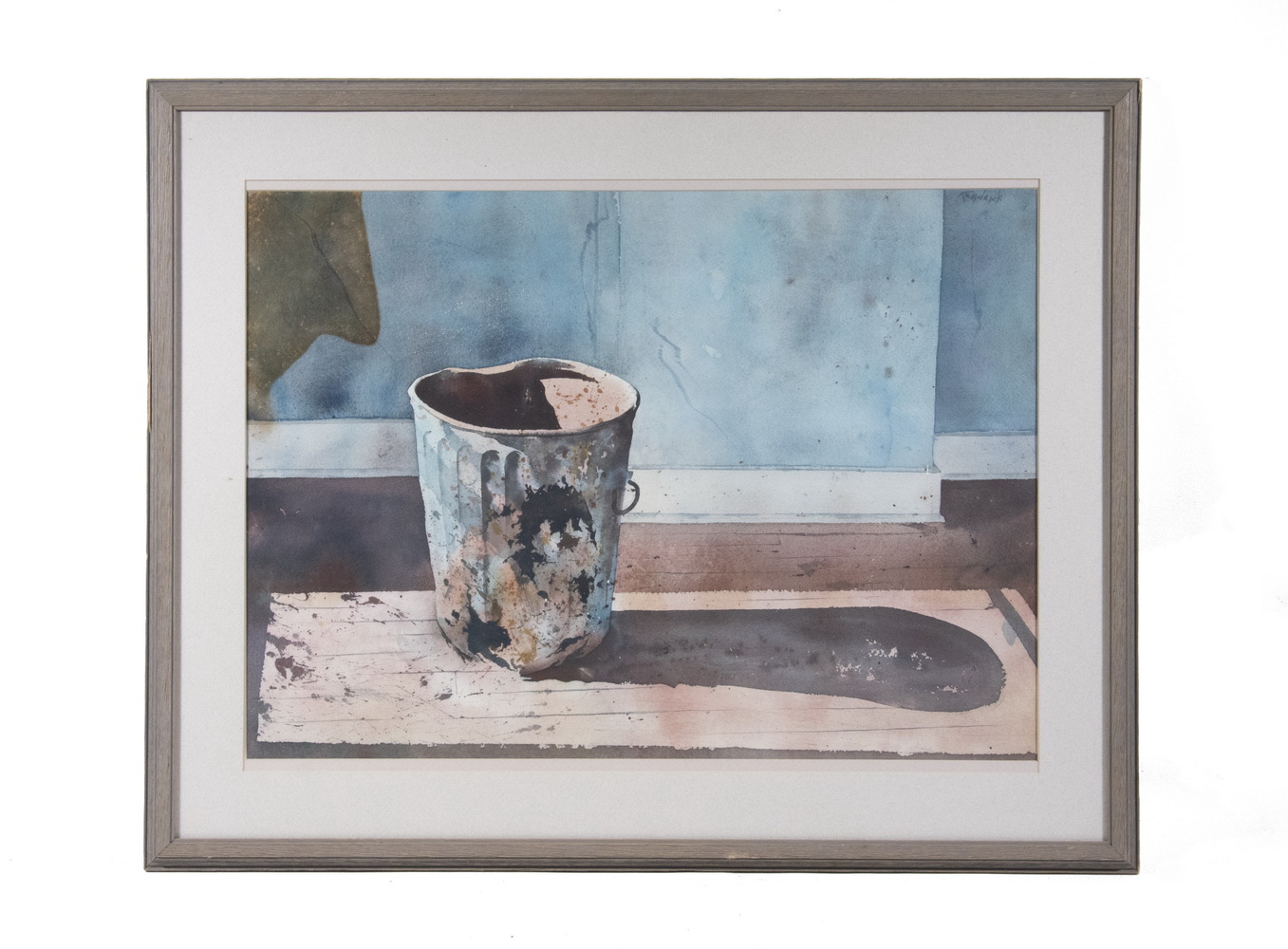 Appraisal: WATERCOLOR BY KENDRICK Interior Sunlight with metal trash can watercolor