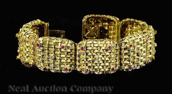 Appraisal: An Italian kt Yellow Gold Diamond and Ruby Basketweave Bracelet