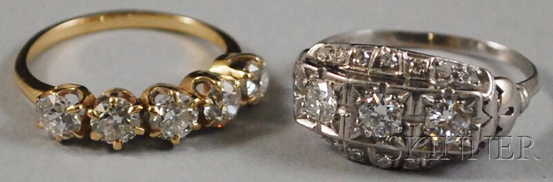 Appraisal: Two Diamond Rings a platinum five-stone ring and a kt