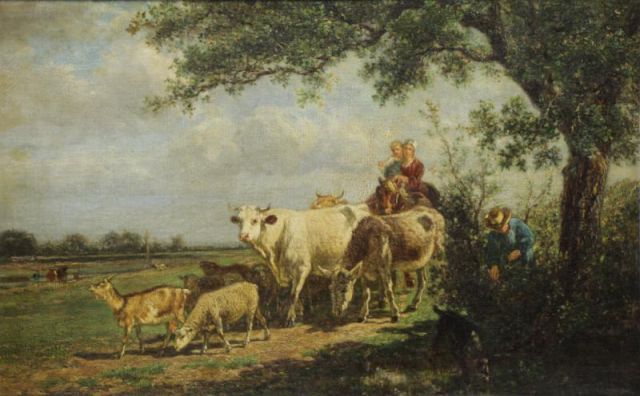 Appraisal: VAN MARCKE Emile Oil on Canvas Figures Animals in Countryside