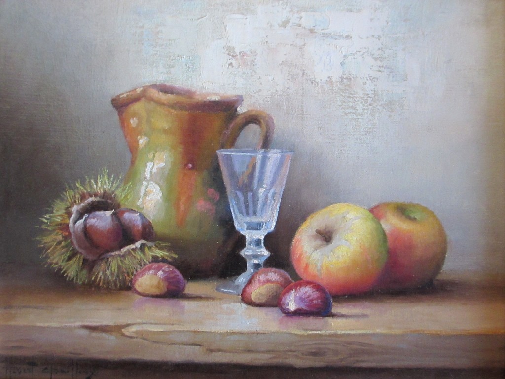 Appraisal: ROBERT CHAILLOUX - CHESTNUTS APPLES JUG AND GLASS Oil on