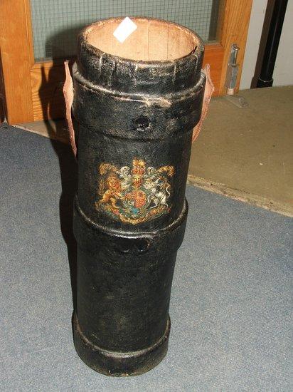 Appraisal: A VICTORIAN LEATHER CYLINDRICAL FIRE BUCKET with painted royal coat